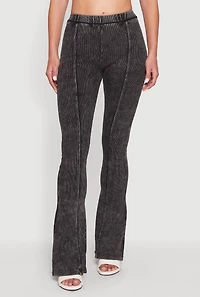 High Waisted Compression Rib Acid Wash Flare Pants