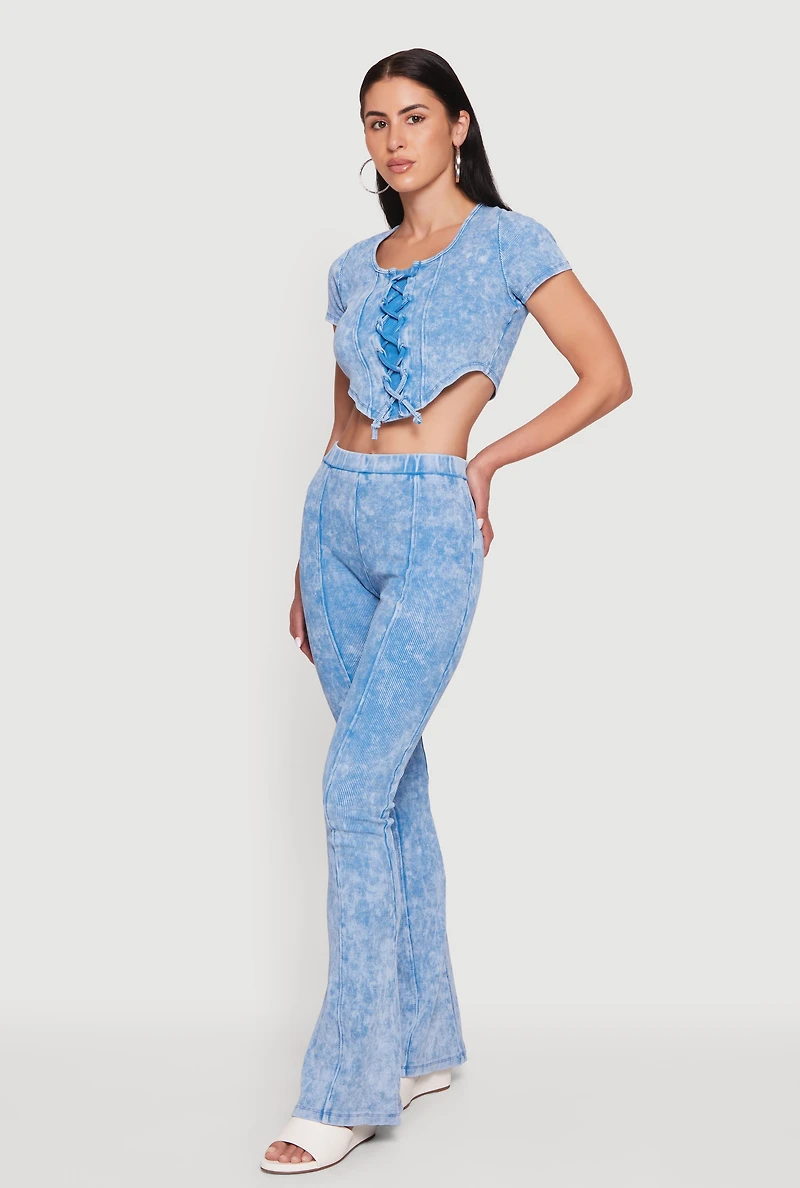 High Waisted Compression Rib Acid Wash Flare Pants