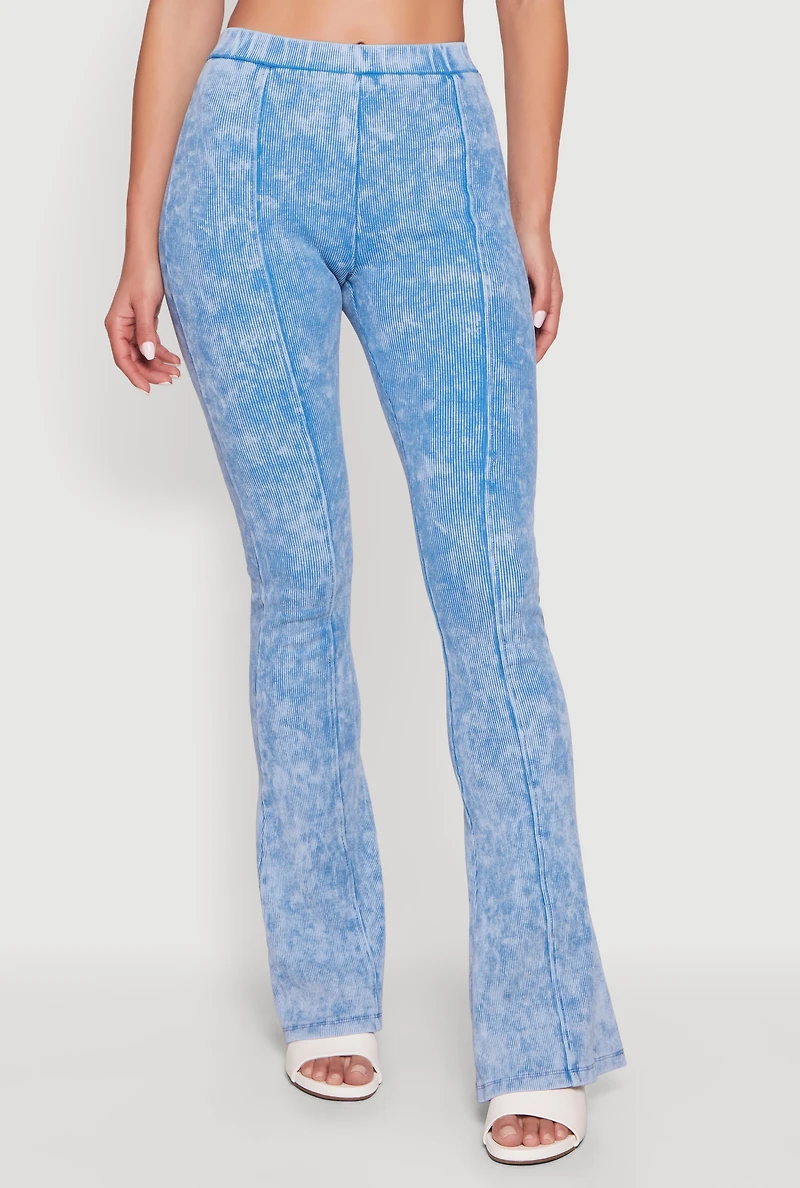 High Waisted Compression Rib Acid Wash Flare Pants