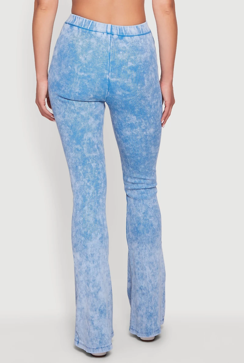 High Waisted Compression Rib Acid Wash Flare Pants
