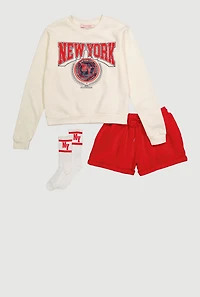 Womens New York Graphic Sweatshirt and Sweatshorts with Socks Set, Multi, Size S