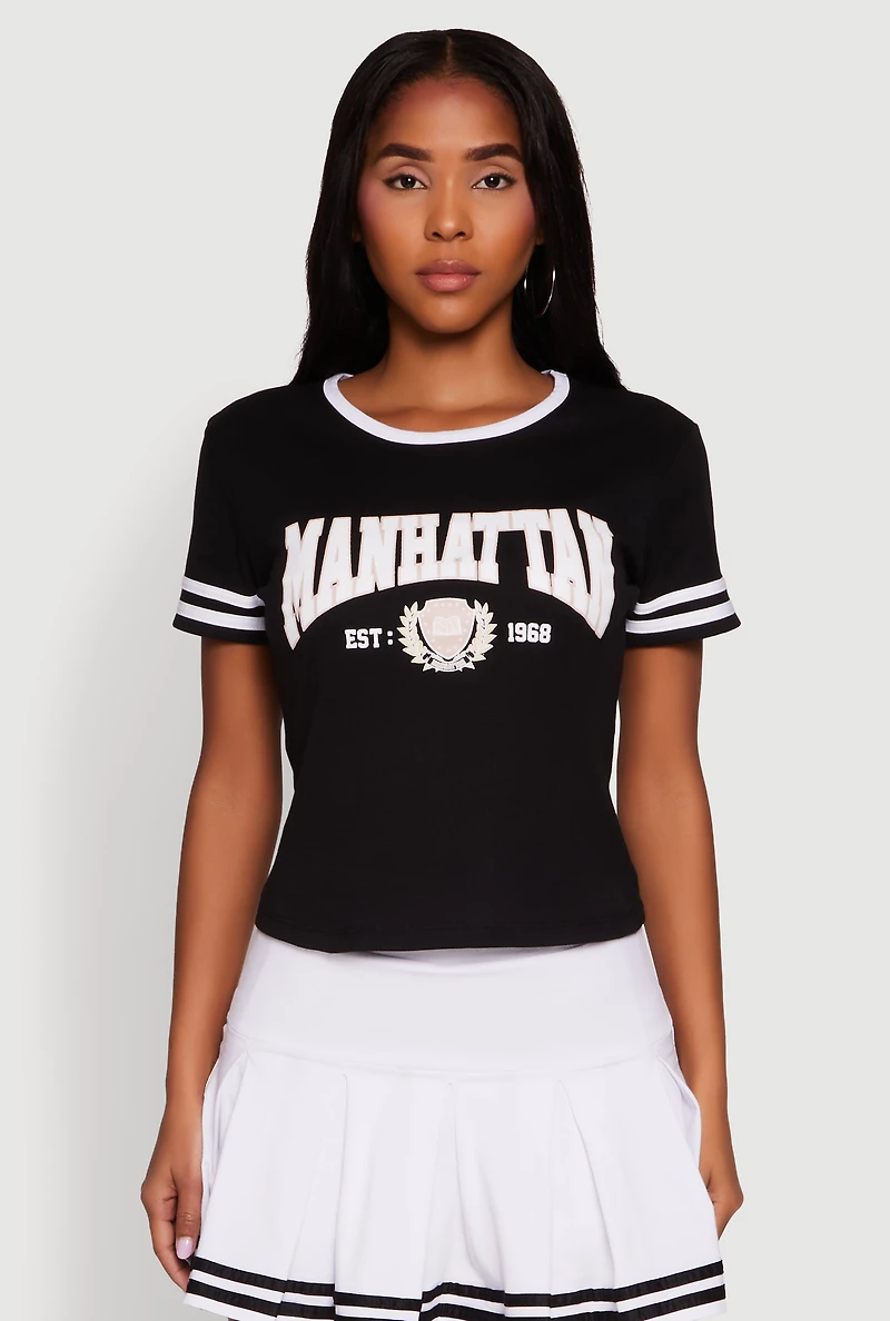 Womens Varsity Stripe Manhattan Graphic Tee,