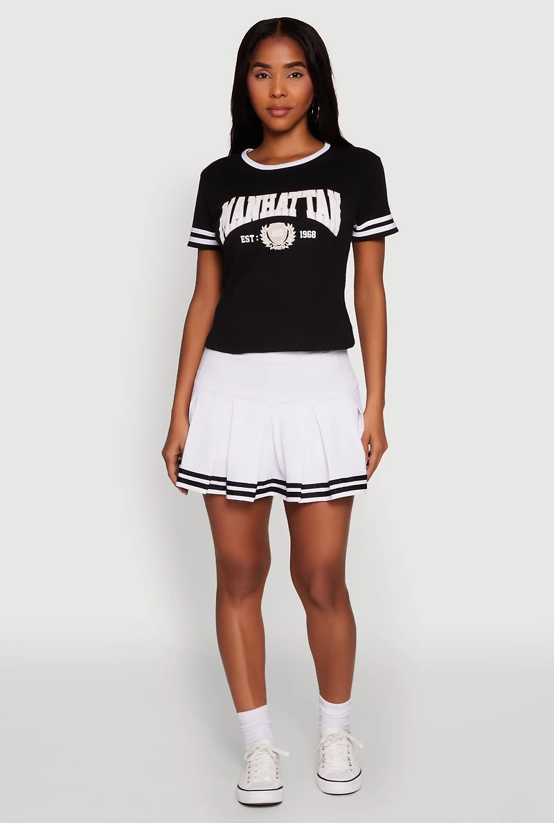 Womens Varsity Stripe Manhattan Graphic Tee, Black, Size M