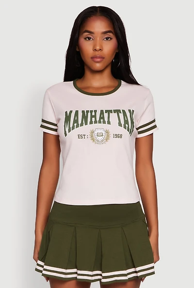 Womens Varsity Stripe Manhattan Graphic Tee, Pink,