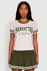 Womens Varsity Stripe Manhattan Graphic Tee, Pink,