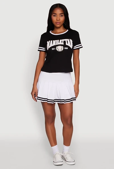 Womens Varsity Stripe Drop Waist Pleated Skirt, White, Size M