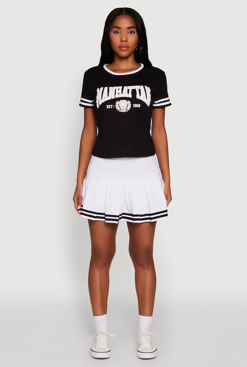 Womens Varsity Stripe Drop Waist Pleated Skirt, White, Size M
