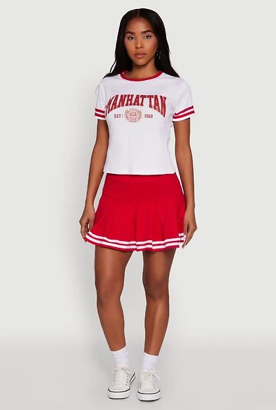 Womens Varsity Stripe Drop Waist Pleated Skirt, Red, Size L