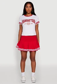Womens Varsity Stripe Drop Waist Pleated Skirt, Red, Size L