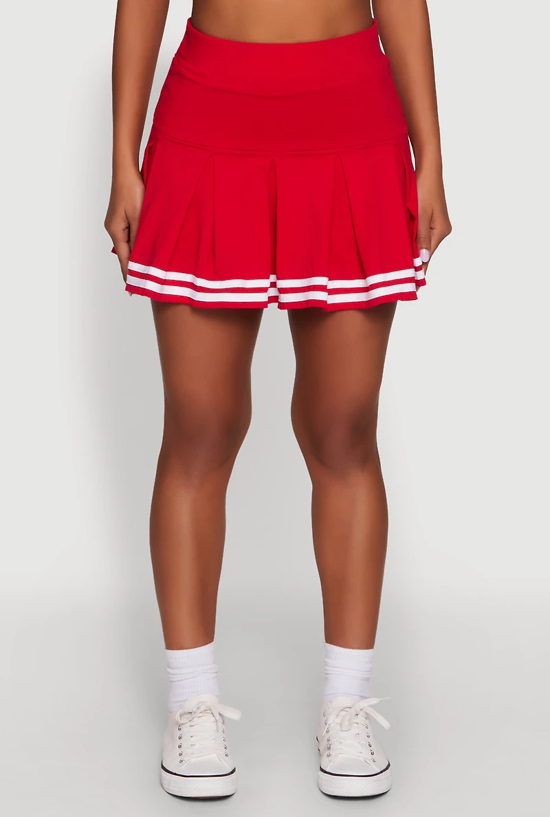 Womens Varsity Stripe Drop Waist Pleated Skirt, Red, Size L