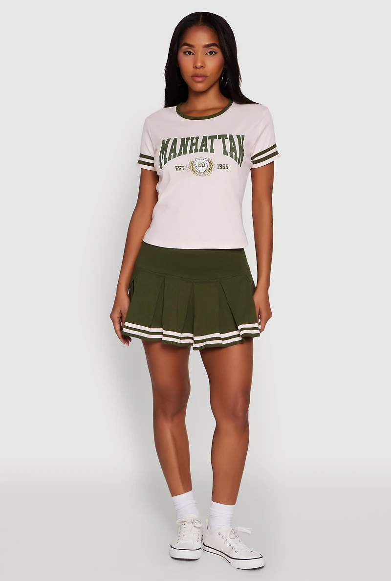 Womens Varsity Stripe Drop Waist Pleated Skirt, Green, Size M