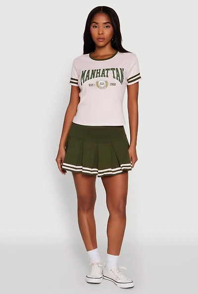 Womens Varsity Stripe Drop Waist Pleated Skirt, Green, Size M