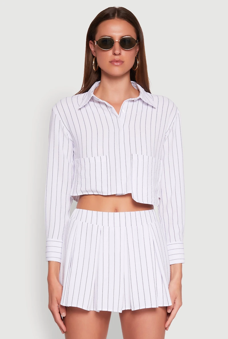 Womens Airy Cropped Striped Shirt, White, Size M