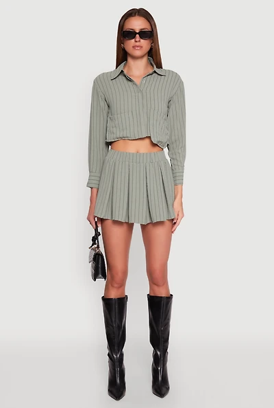Womens Airy Striped Mini Pleated Skirt, Green, Size M