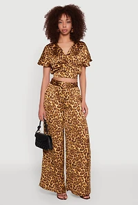 Womens Jaguar Print Tie Back Keyhole Cropped Wrap Top, Brown, Size M