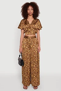 Womens Jaguar Print Tie Back Keyhole Cropped Wrap Top, Brown, Size M