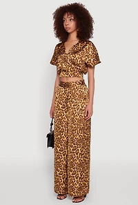 Womens Jaguar Print Tie Back Keyhole Cropped Wrap Top, Brown, Size M