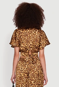 Womens Jaguar Print Tie Back Keyhole Cropped Wrap Top, Brown, Size M