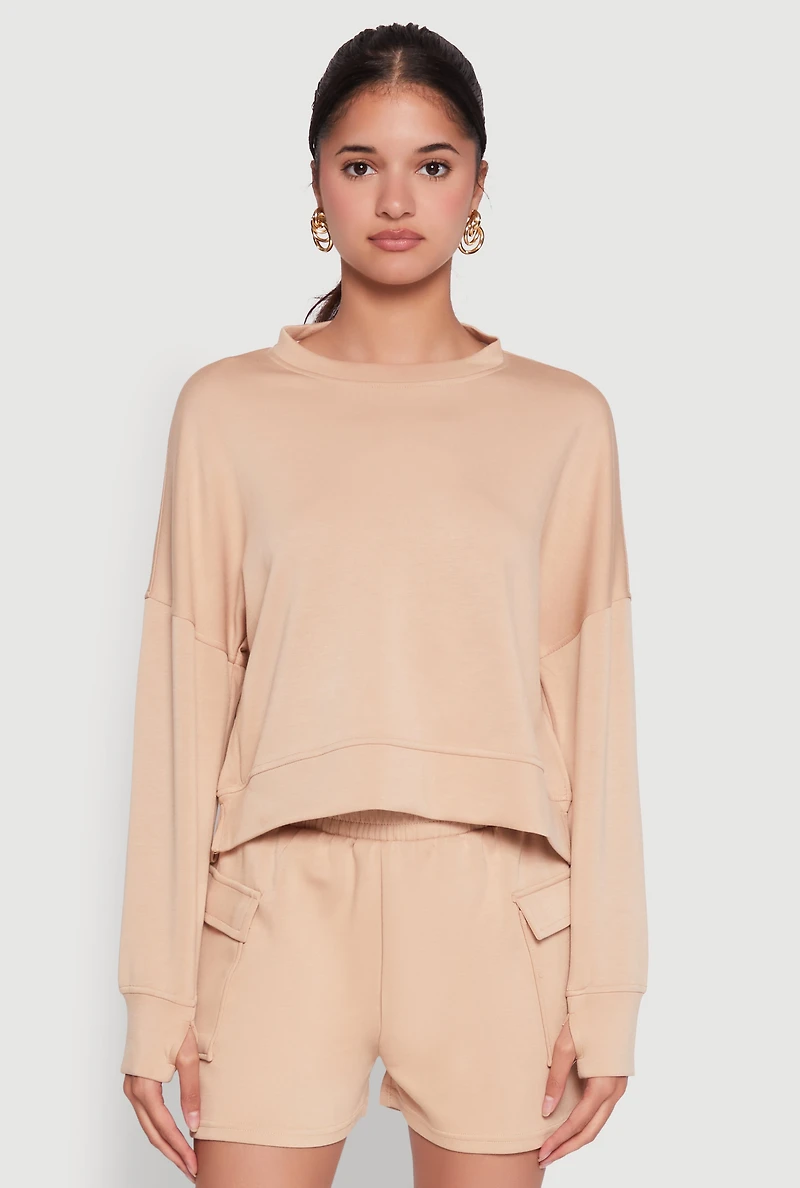 Womens Stylish Long Sleeve Soft Knit Sweatshirt with Thumb Holes, Beige, Size XL