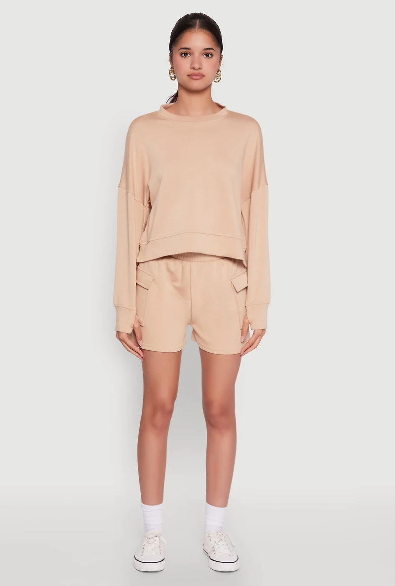 Womens Stylish Long Sleeve Soft Knit Sweatshirt with Thumb Holes, Beige, Size XL