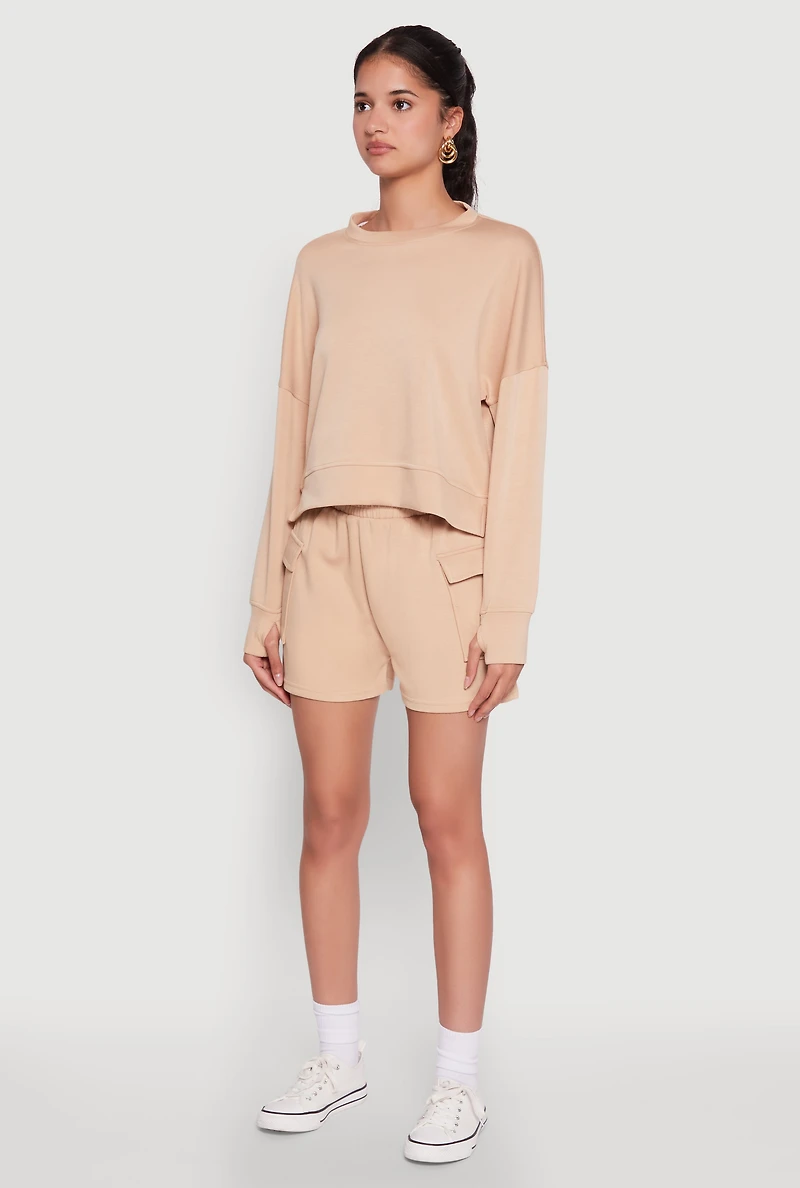 Womens Stylish Long Sleeve Soft Knit Sweatshirt with Thumb Holes, Beige, Size XL