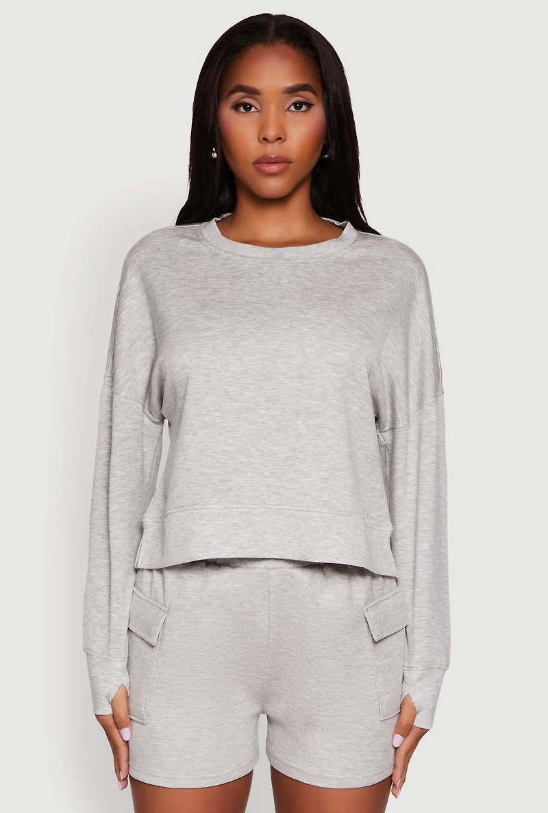 Womens Stylish Long Sleeve Soft Knit Sweatshirt with Thumb Holes, Grey, Size L