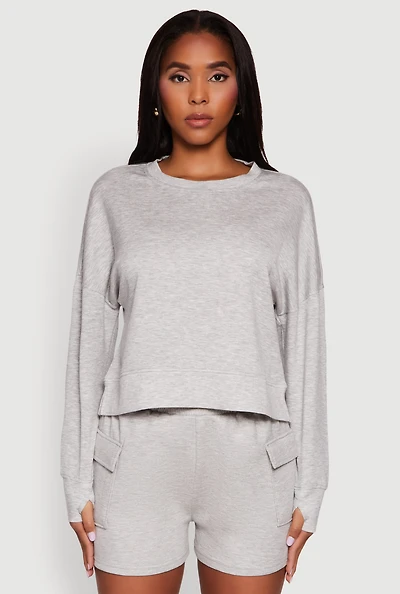 Womens Stylish Long Sleeve Soft Knit Sweatshirt with Thumb Holes, Grey, Size L