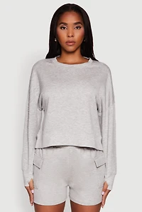 Womens Stylish Long Sleeve Soft Knit Sweatshirt with Thumb Holes, Grey, Size L