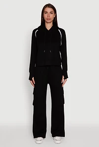 Womens Trendy Classic Fit Hoodie with Contrast Trim, Black, Size L