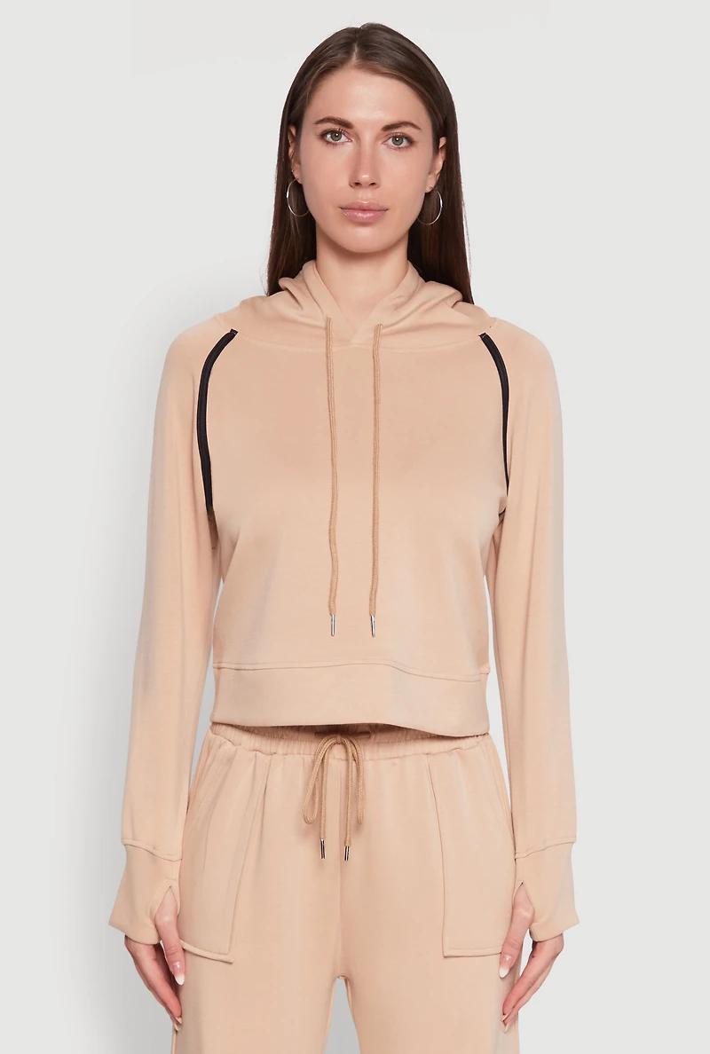 Womens Trendy Classic Fit Hoodie with Contrast Trim, Beige, Size S