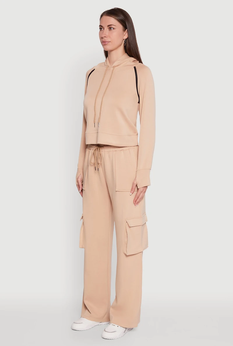 Womens Trendy Classic Fit Hoodie with Contrast Trim, Beige, Size S