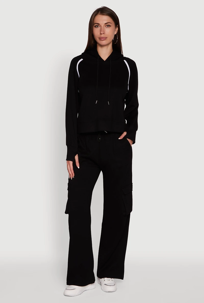 Womens Mid Rise Drawstring Casual Wide Leg Cargo Pants, Black, Size S