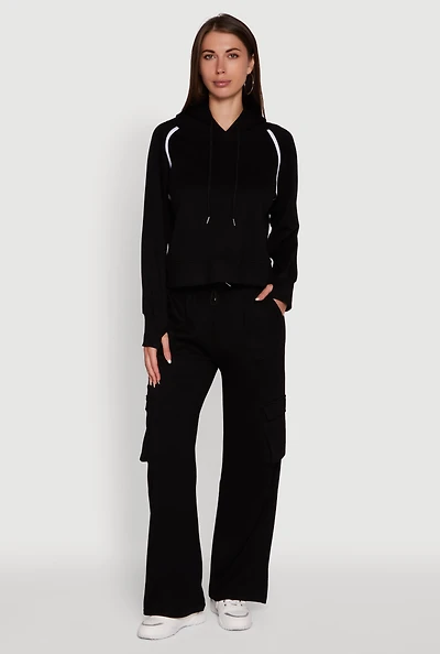 Womens Mid Rise Drawstring Casual Wide Leg Cargo Pants, Black, Size S