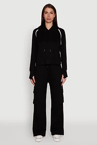 Womens Mid Rise Drawstring Casual Wide Leg Cargo Pants, Black, Size S