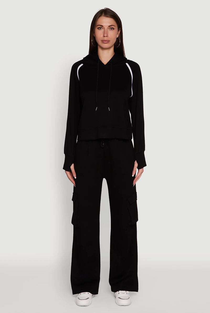 Womens Mid Rise Drawstring Casual Wide Leg Cargo Pants, Black, Size XL