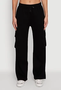 Womens Mid Rise Drawstring Casual Wide Leg Cargo Pants, Black, Size S