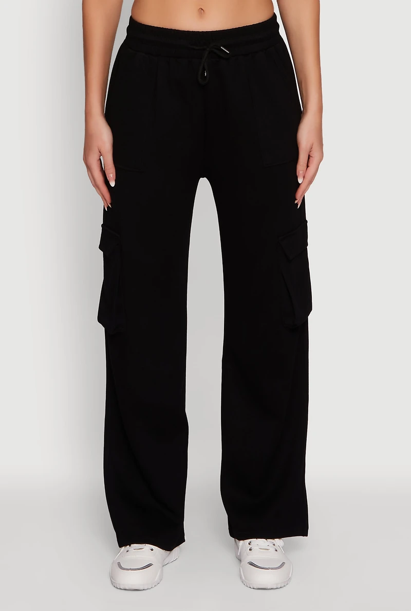 Womens Mid Rise Drawstring Casual Wide Leg Cargo Pants, Black, Size XL