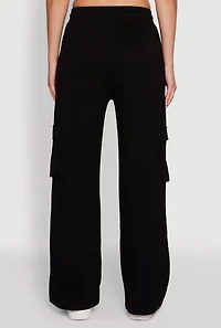 Womens Mid Rise Drawstring Casual Wide Leg Cargo Pants, Black, Size S