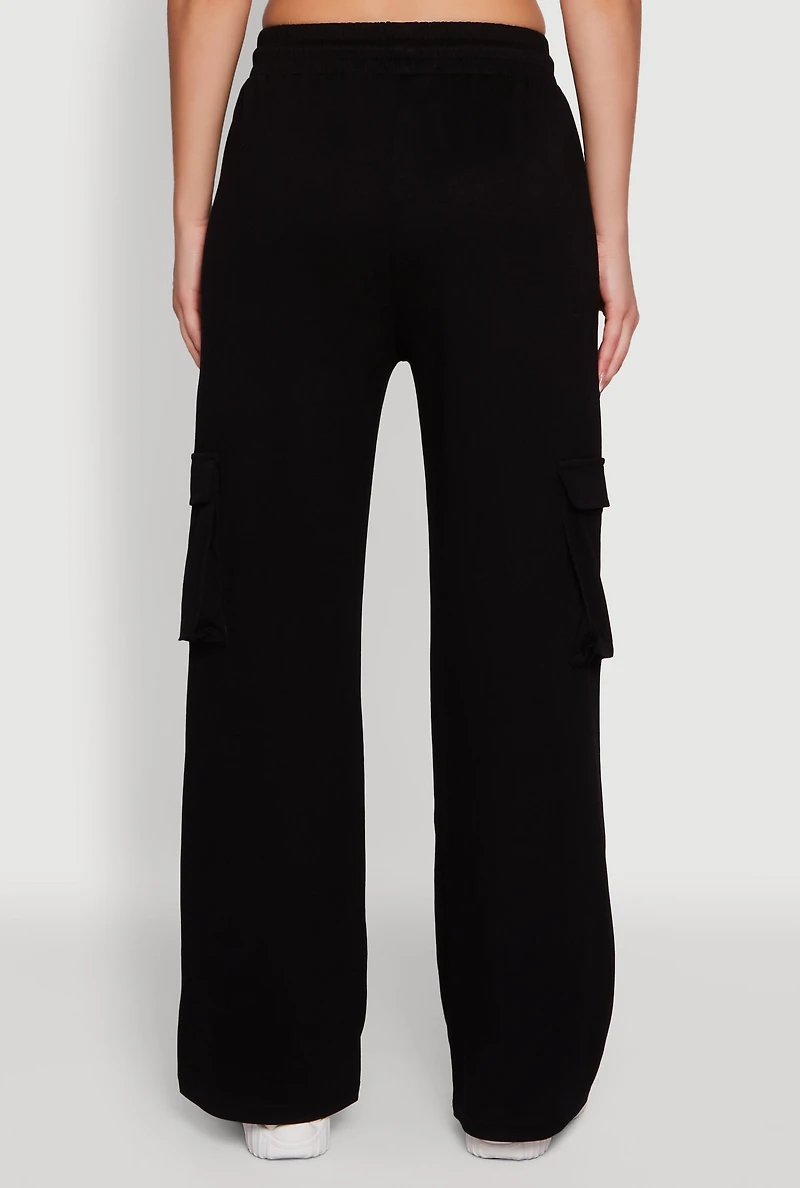 Womens Mid Rise Drawstring Casual Wide Leg Cargo Pants, Black, Size M