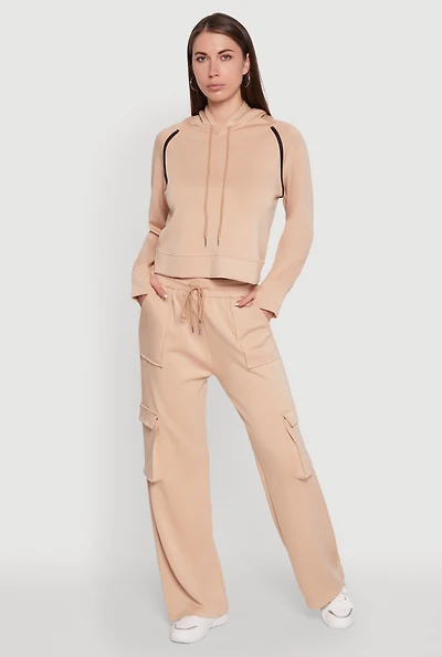 Womens Mid Rise Drawstring Casual Wide Leg Cargo Pants, Khaki, Size S