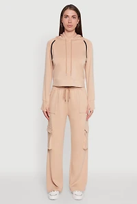 Womens Mid Rise Drawstring Casual Wide Leg Cargo Pants, Khaki, Size S