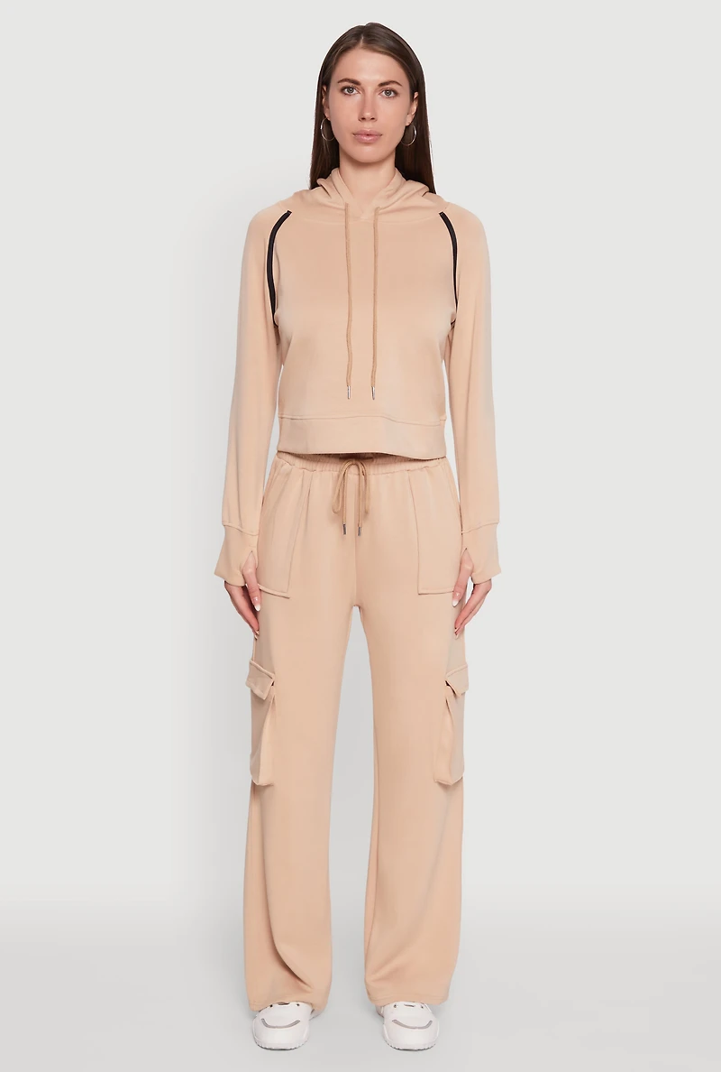 Womens Mid Rise Drawstring Casual Wide Leg Cargo Pants, Khaki,