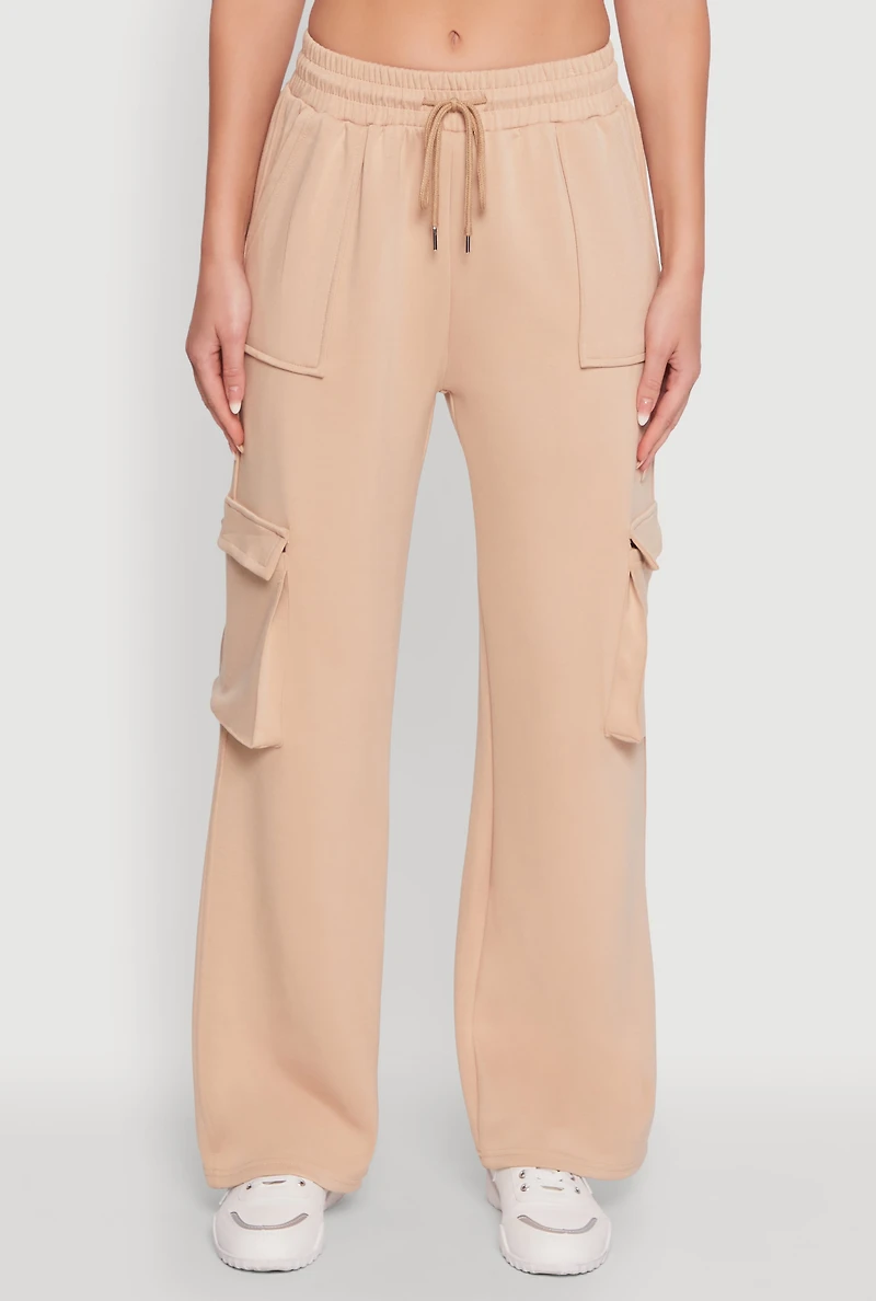 Womens Mid Rise Drawstring Casual Wide Leg Cargo Pants, Khaki,