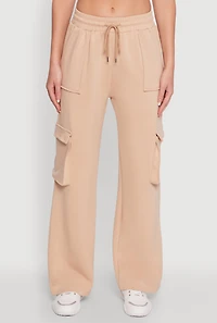 Womens Mid Rise Drawstring Casual Wide Leg Cargo Pants, Khaki,