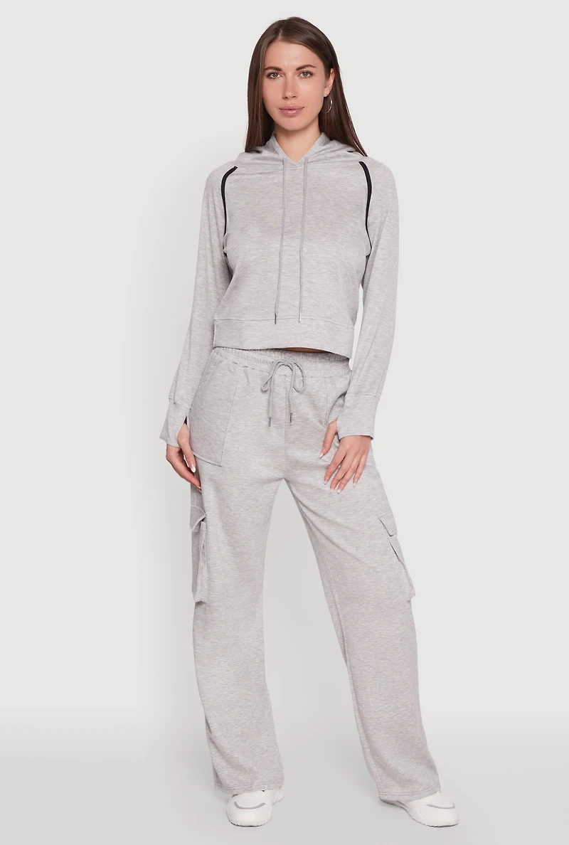 Womens Mid Rise Drawstring Casual Wide Leg Cargo Pants, Grey, Size L