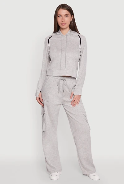 Womens Mid Rise Drawstring Casual Wide Leg Cargo Pants, Grey, Size L