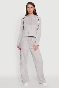 Womens Mid Rise Drawstring Casual Wide Leg Cargo Pants, Grey, Size L