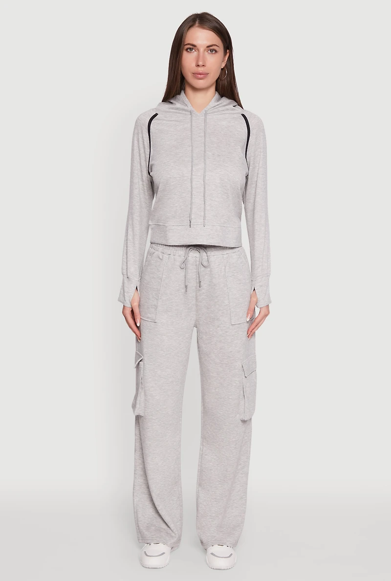 Womens Mid Rise Drawstring Casual Wide Leg Cargo Pants, Grey, Size L