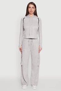 Womens Mid Rise Drawstring Casual Wide Leg Cargo Pants, Grey, Size L