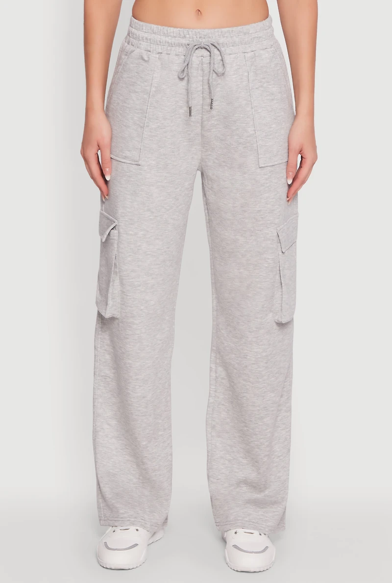 Womens Mid Rise Drawstring Casual Wide Leg Cargo Pants, Grey, Size M